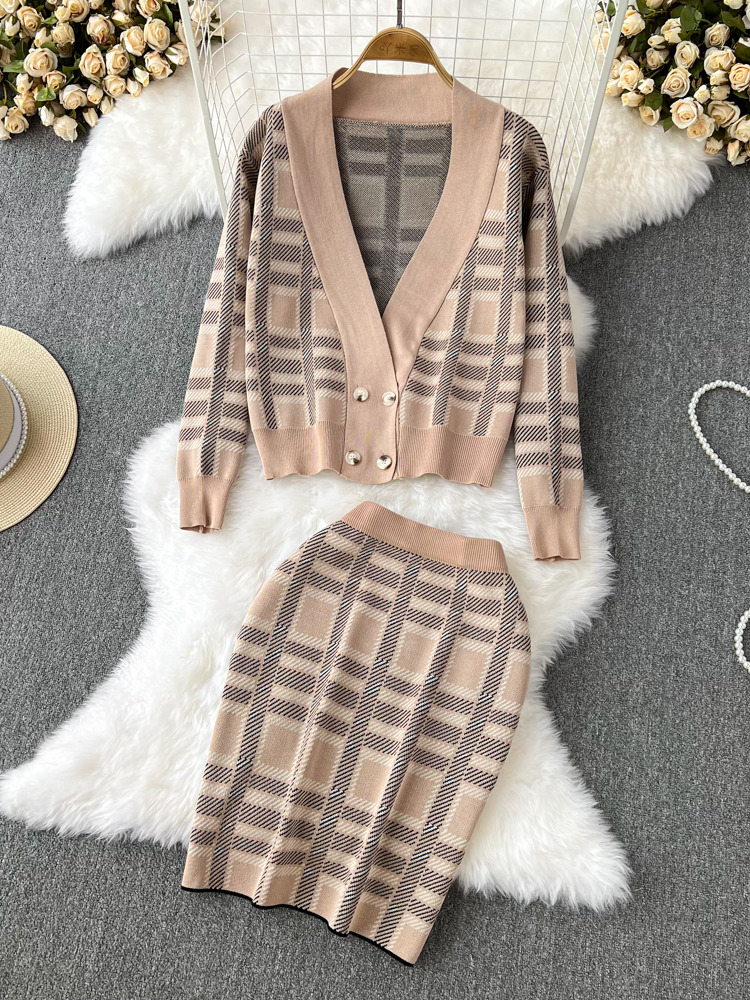 Autumn Winter Women Set Fashion Loose Plaid Knitting Cardigans Sweater + Mini Skirt Female Set Ensemble Femme 2 Pieces 2022 alx