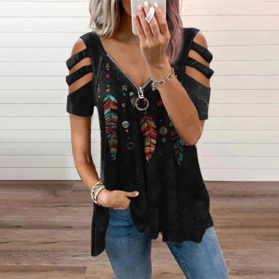 Ladies Vintage Western V-Neck Printed Top T-Shirt