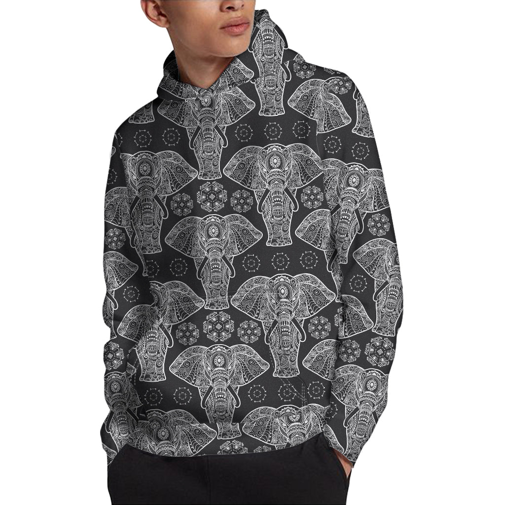 Black And White Boho Elephant Print Pullover Hoodie