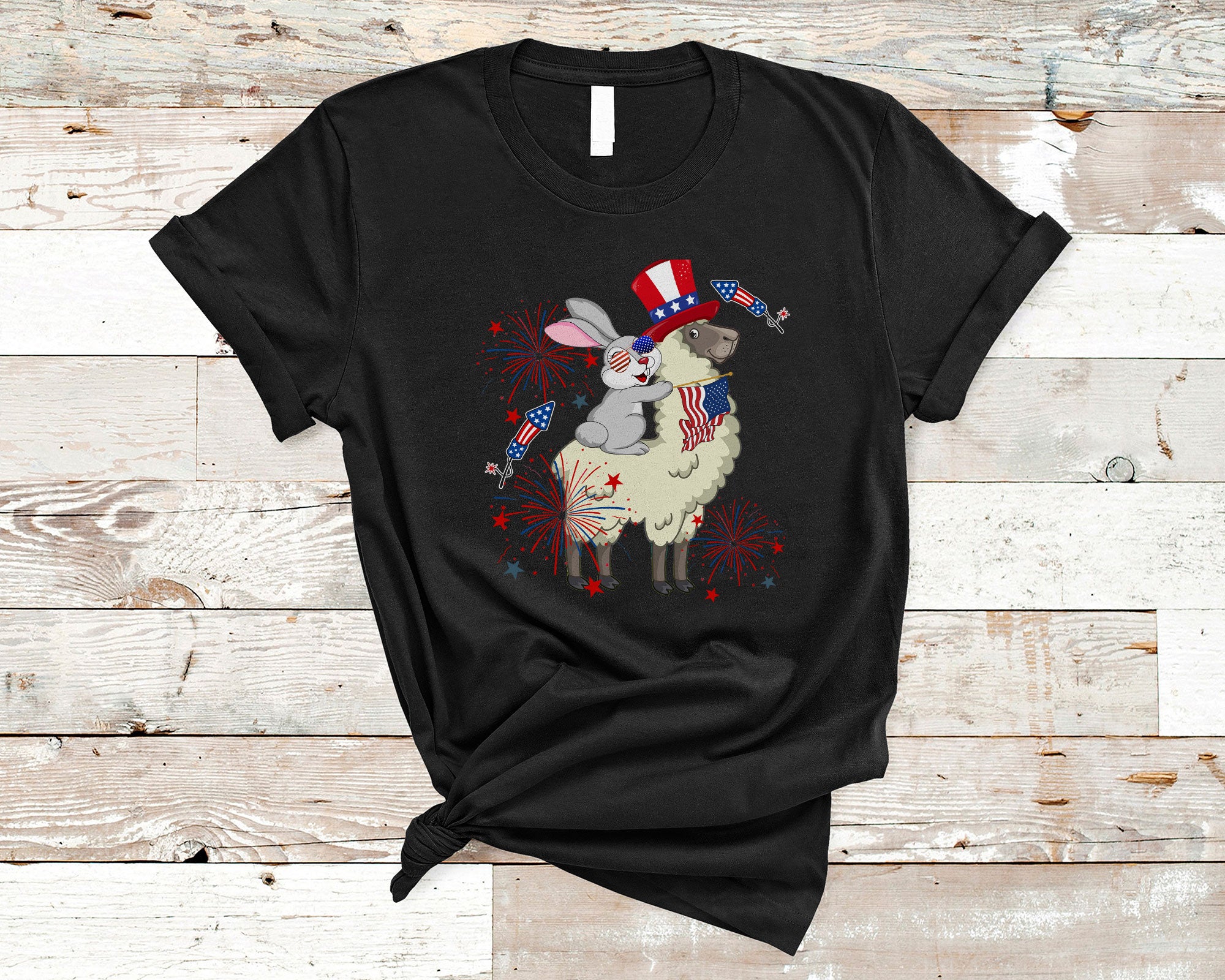 4Th Of July Shirt Bunny Ridding Llama Cool American Pride Firework Bunny Llama Lover T-Shirt