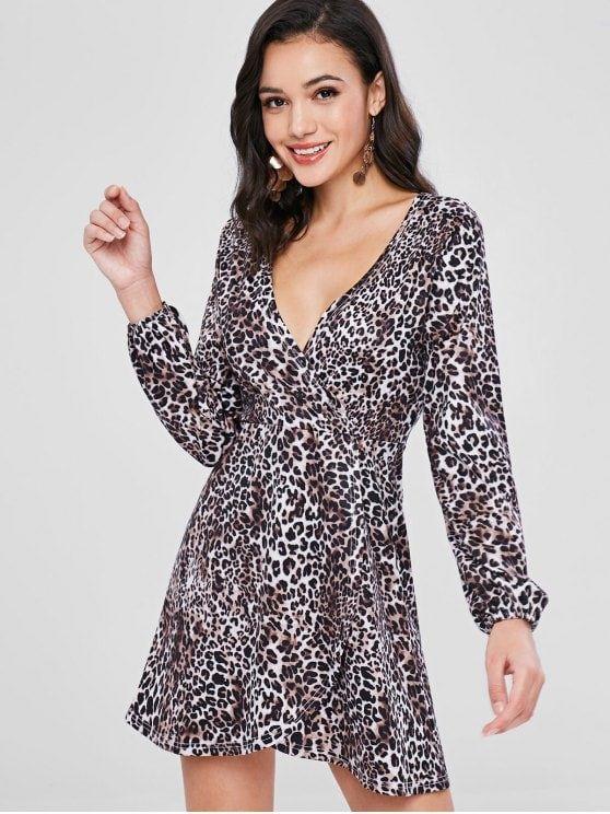 Surplice Long Sleeves Leopard Print Dress