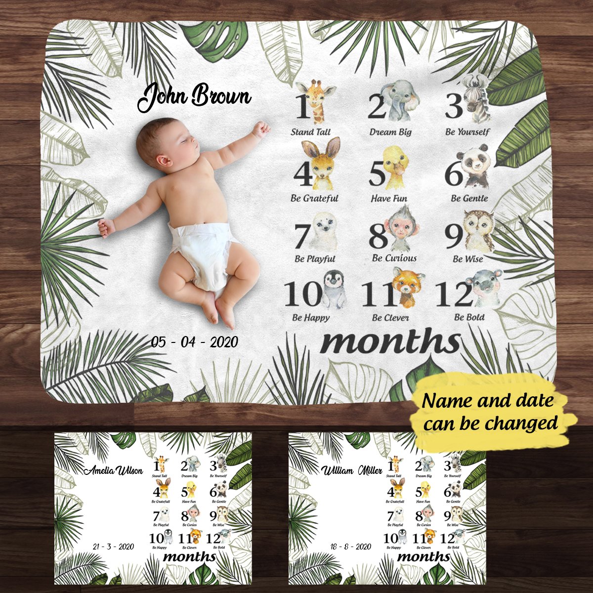 Safari Animal Baby Monthly Milestone Blanket Gift For Kids HQ