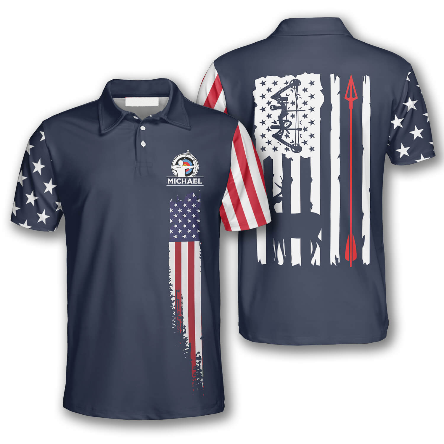 Navy American Flag Custom Archery Shirts For Men, Archery Flag American Polo Shirt, Uniform For Archery Player