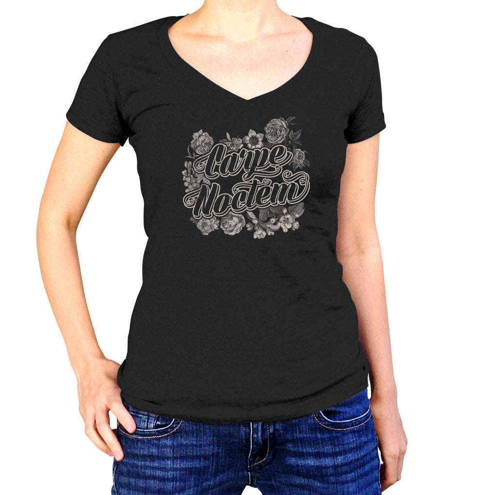 Women’S Carpe Noctem Vneck T-Shirt – Goth Soft Grunge Boho Vampire Seize The Night