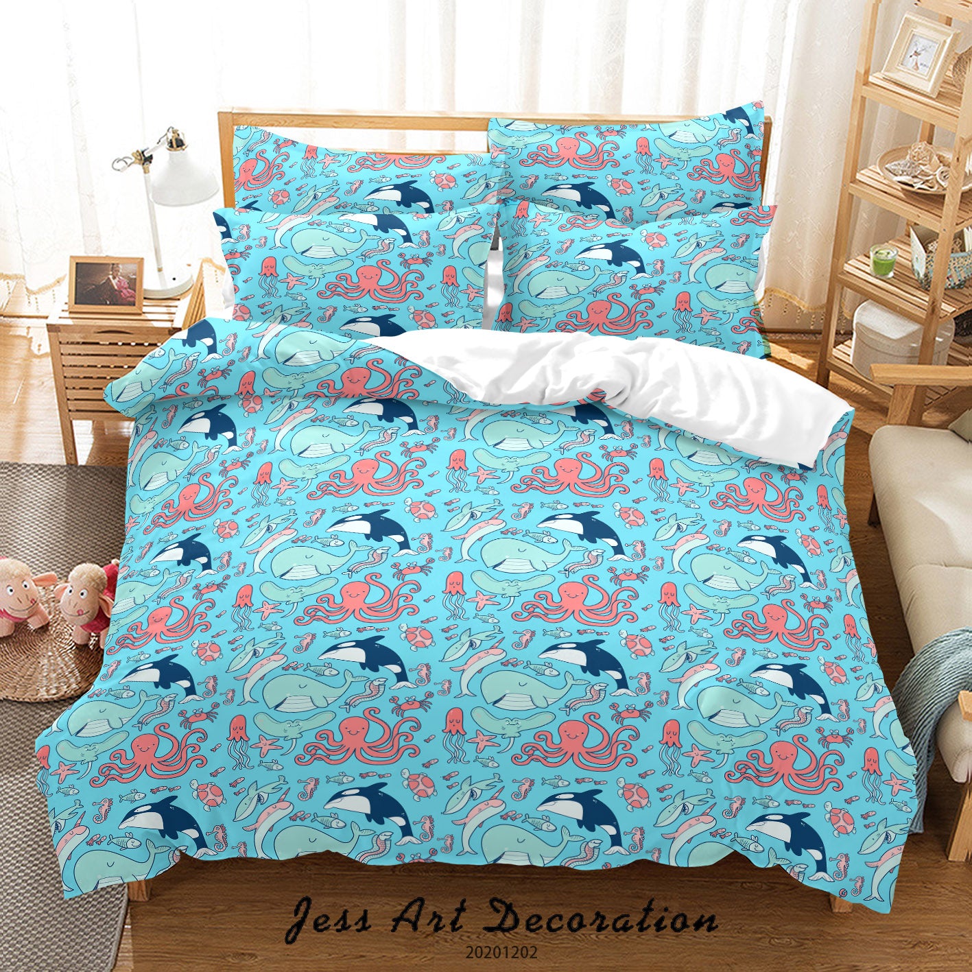 3D Hand Drawn Cartoon Shark Whale Octopus Fish Pattern Blue Quilt Cover Set Bedding Set Duvet Cover Pillowcases Lxl