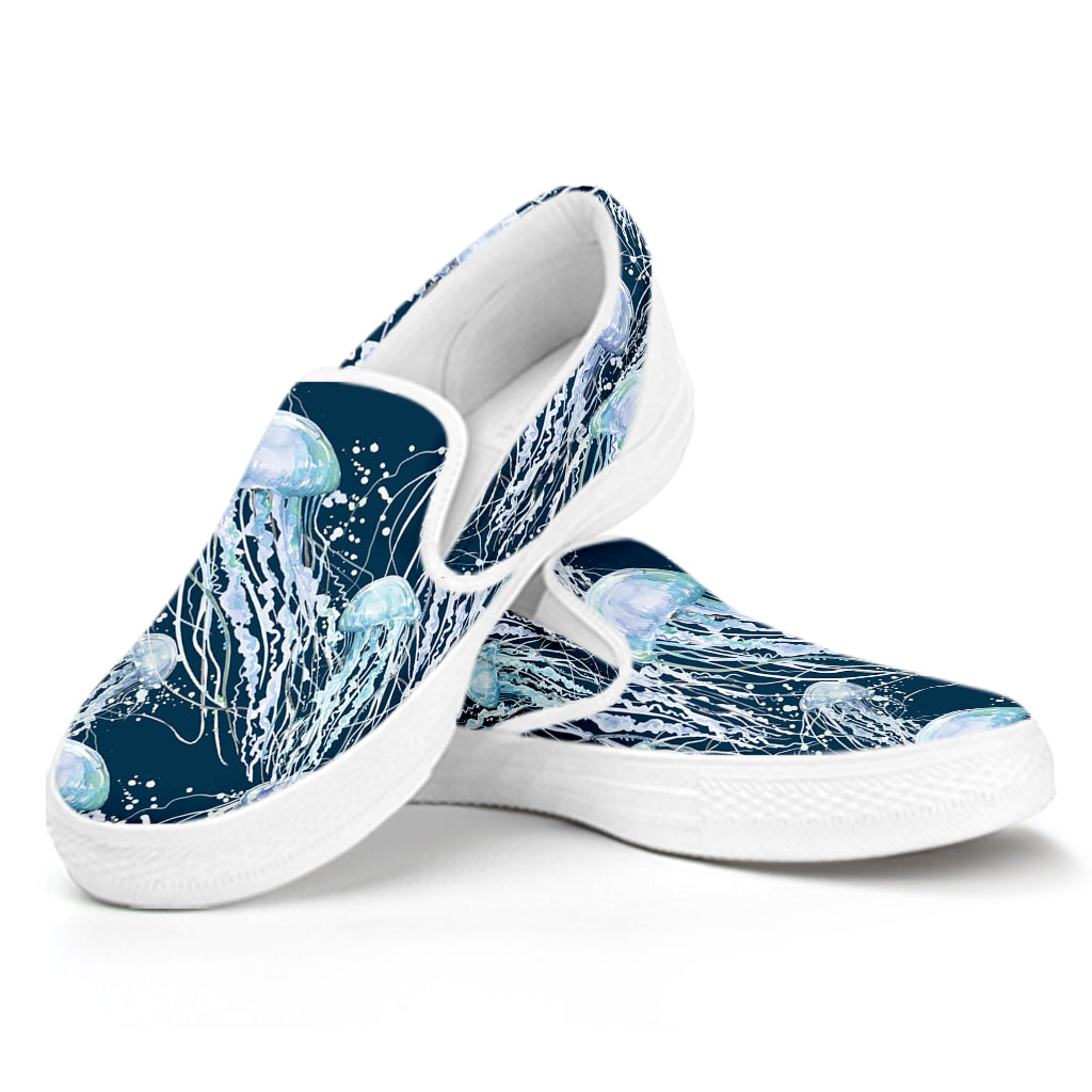 Watercolor Jellyfish Pattern Print White Slip On Shoes