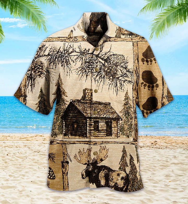 Waybackapparel Moose Bear House Brown 3D Hawaiian Shirt