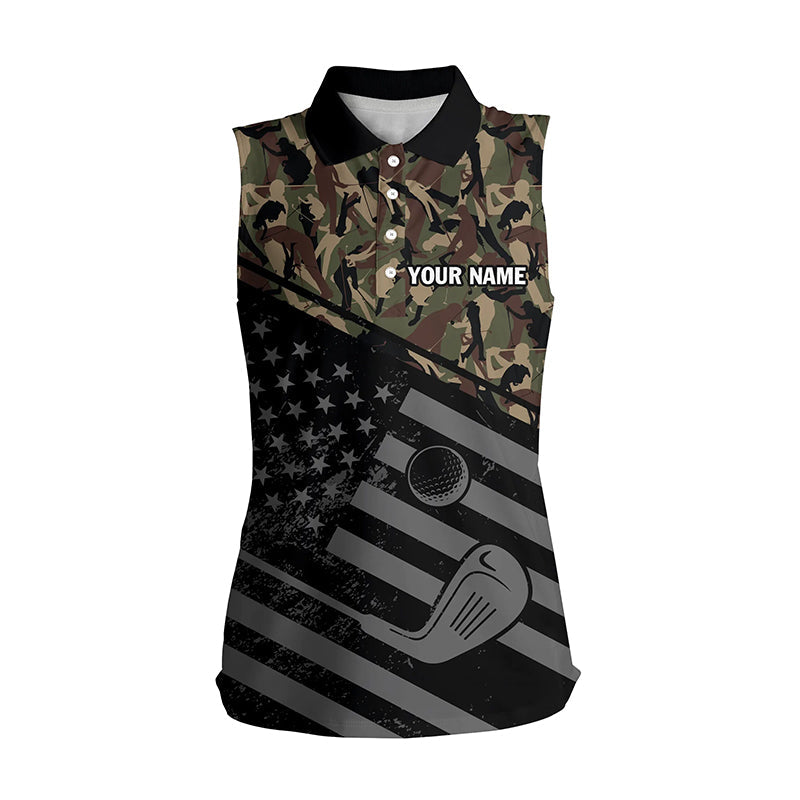 Women’S Sleeveless Polo Shirt Black American Flag Patriotic Green Camo Polo Custom Name Golfing Gifts