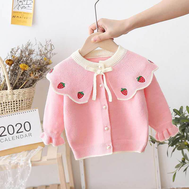 Autumn Winter Children’s Sweater Cardigan Children’s Clothing Baby Big Lapel Girl Knitting Embroidery Strawberry Cardigan Girl alx