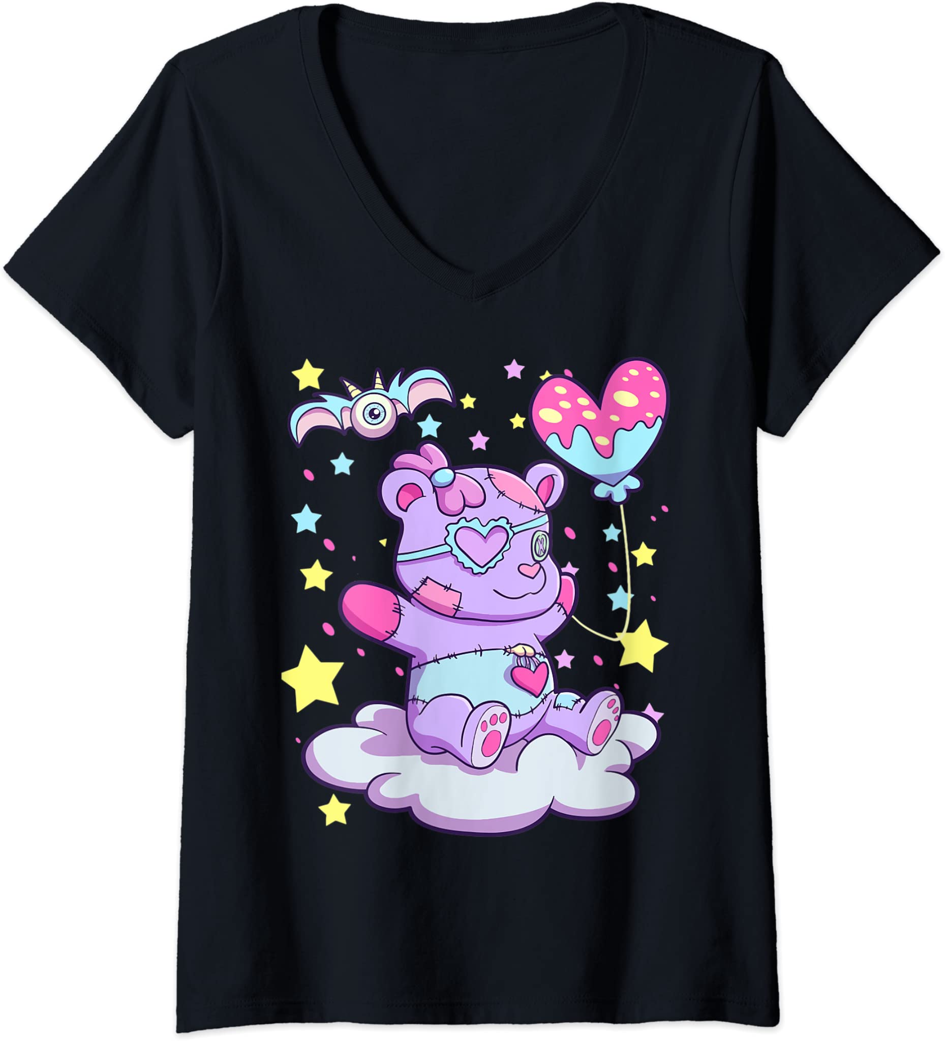 Womens Kawaii Teddy Bear Cute Pastel Goth Creepy Teddy Bear Gothic V-Neck