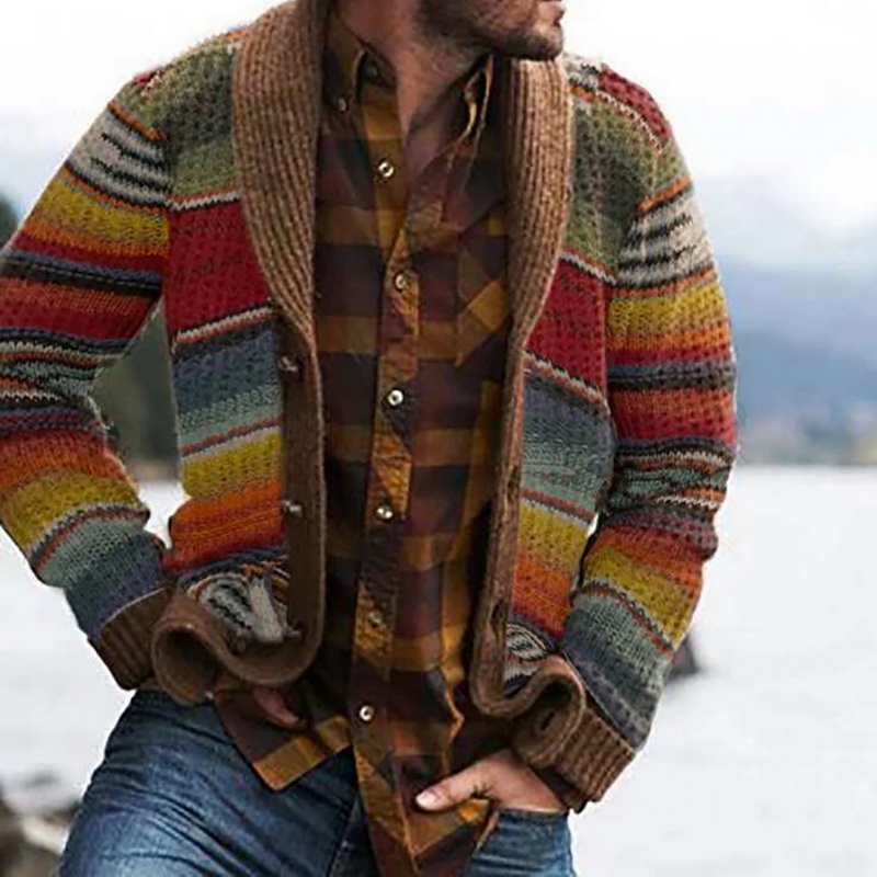 Winter Men Sweaters 2021 New Spring Men Warm Wool Knitted Sweaters Cardigan Men Winter Fashion Mix Color Stripe Outwear Coat alx