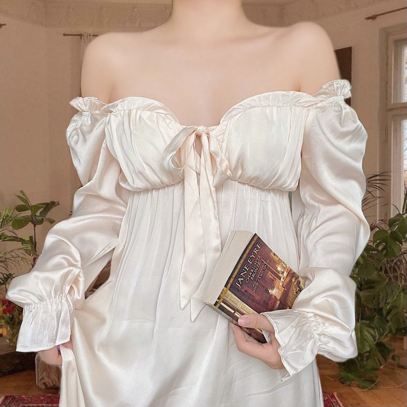 Vintage Female Court Style Nightdress Ladies Off Shoulder Princess Nightgowns Long Sleeves Satin Sleepwear Women’s Clothing alx