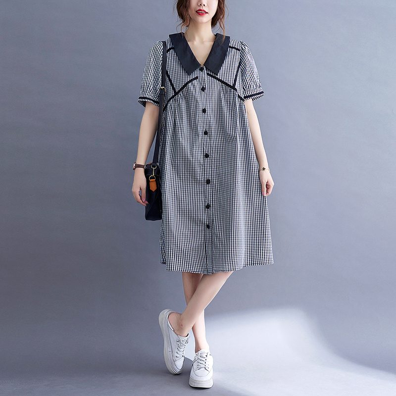 #3353 Summer Plaid Dress Women Front Buttons Casual Vintage Shirt Dress Female Peter Pan Collar Sexy Woman Dress Knee-length alx