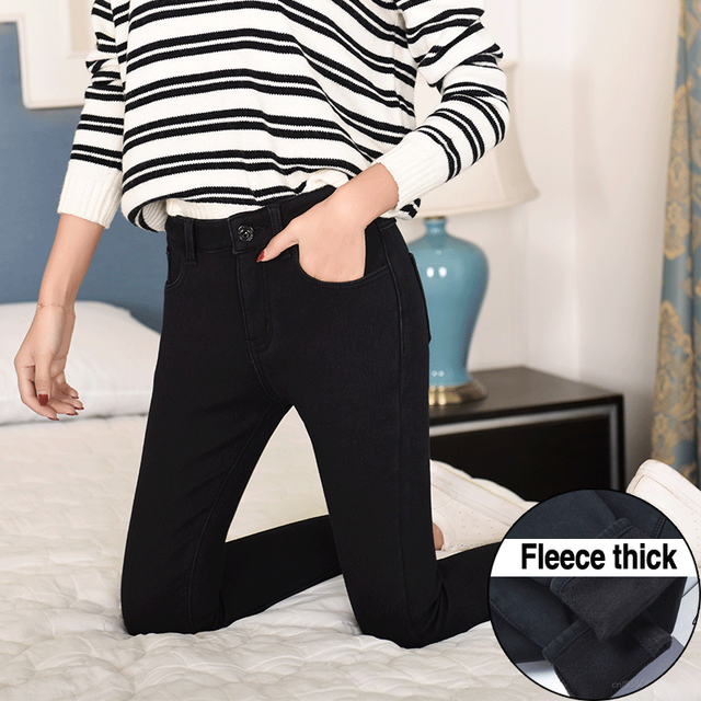 Warm Winter Size Slim Jeans Women Advanced Stretch Cotton Denim Pants Thick Fleece Student Trousers Blue Black Gray alx