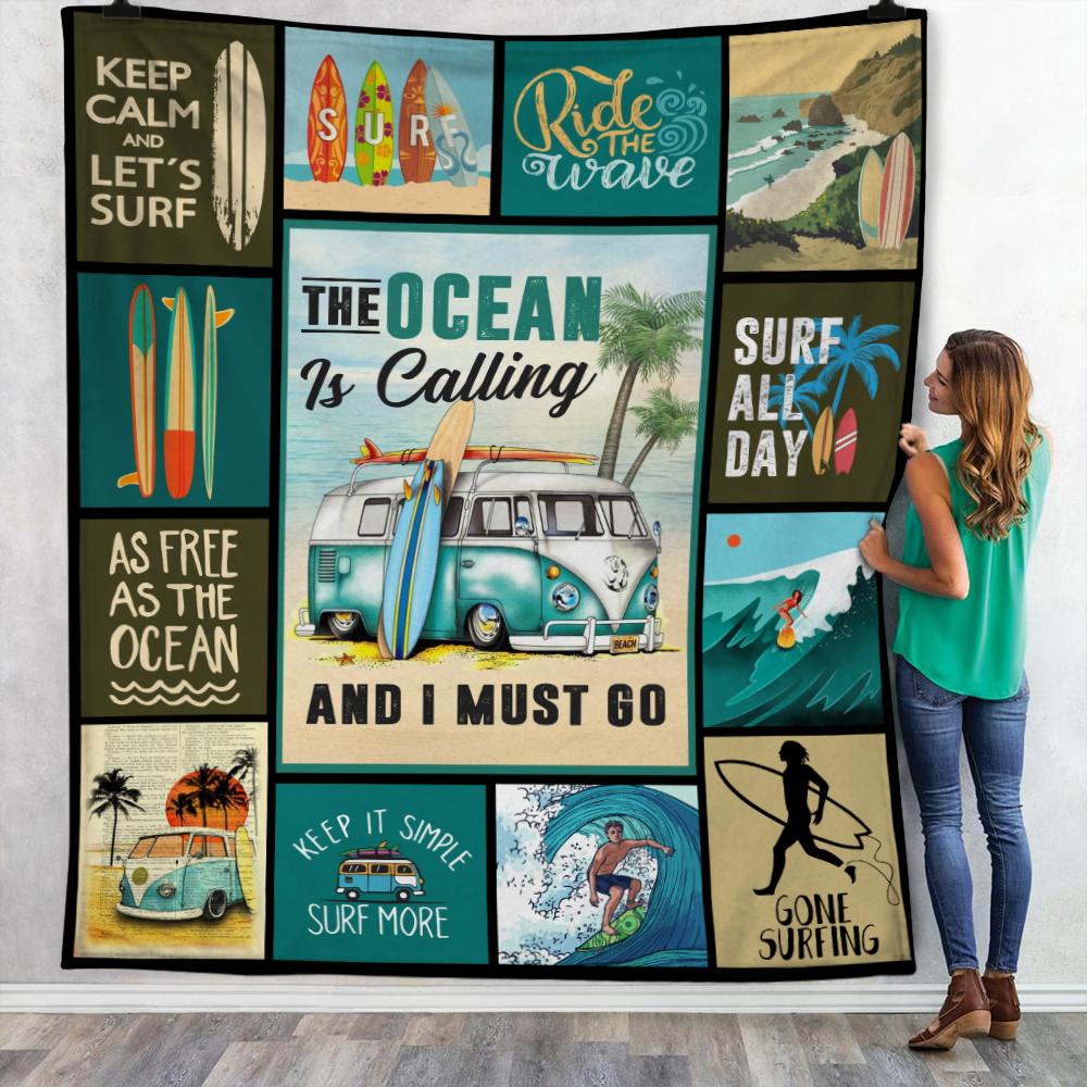 The Ocean Is Calling Surfing Fleece Blanket, Sherpa Blanket, Gift For Parent, Family Member, Friends Gift, Christmas Gift, Home Decor, Home Living