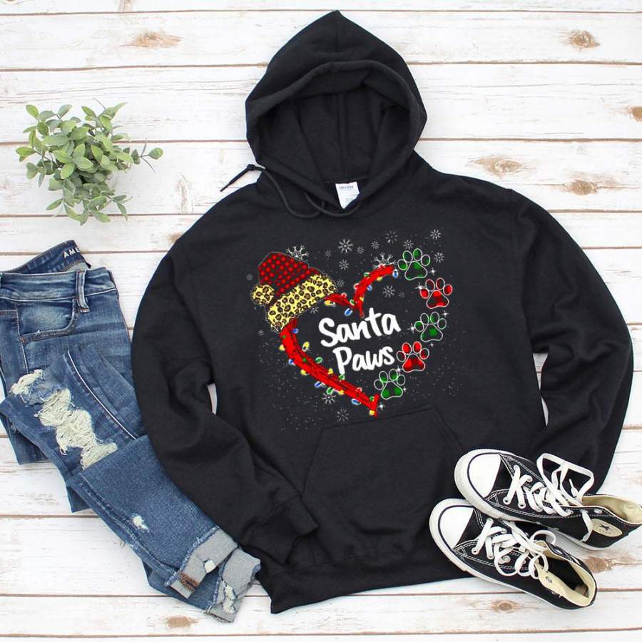 Christmas santa paws colorful light paw print heart snow santa hat merry christmas black hoodie for men and women S-5XL