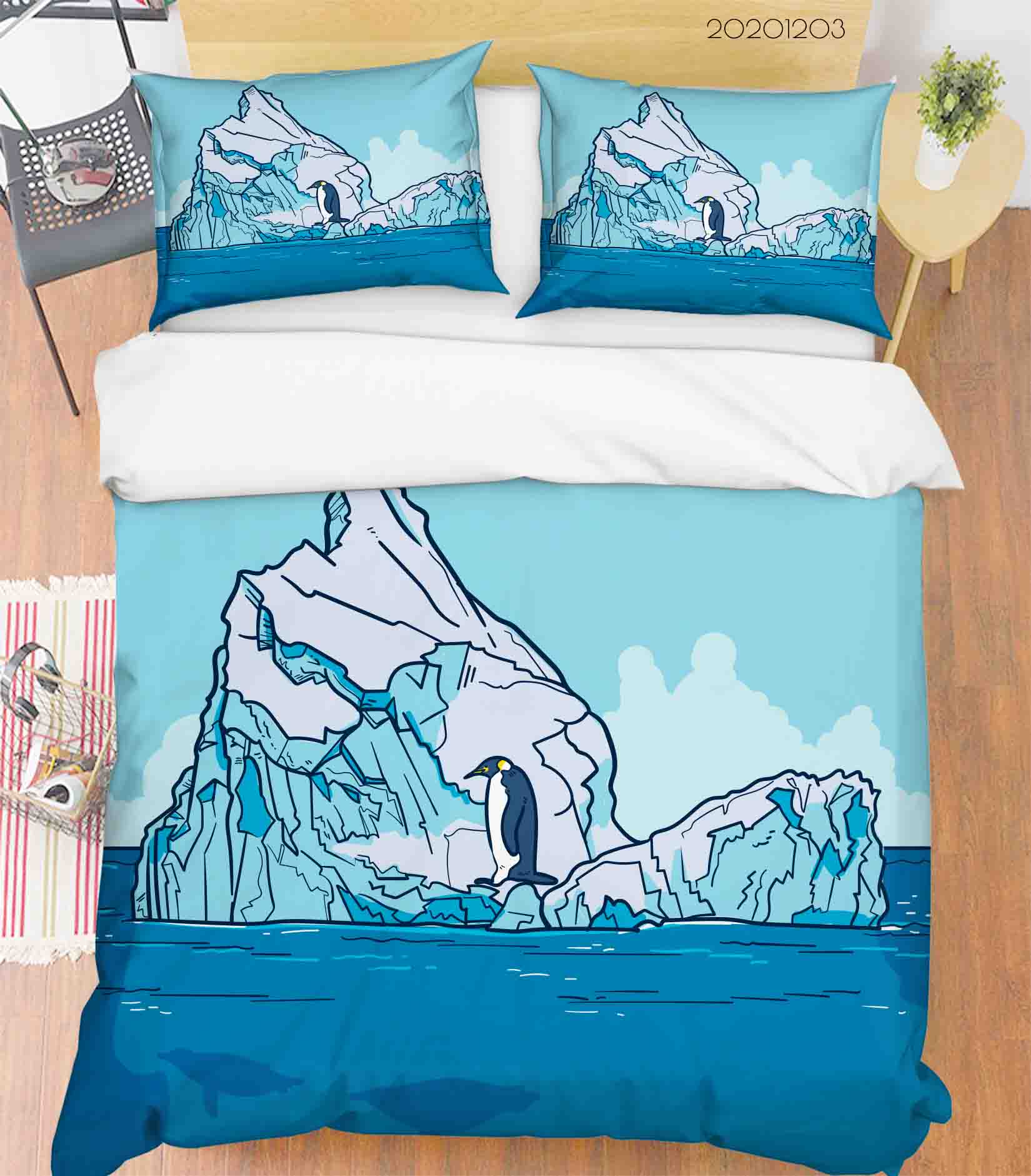 3D Hand Drawn Blue Ice Mountain Peaguin Animal Ocean Quilt Cover Set Bedding Set Duvet Cover Pillowcases Lxl