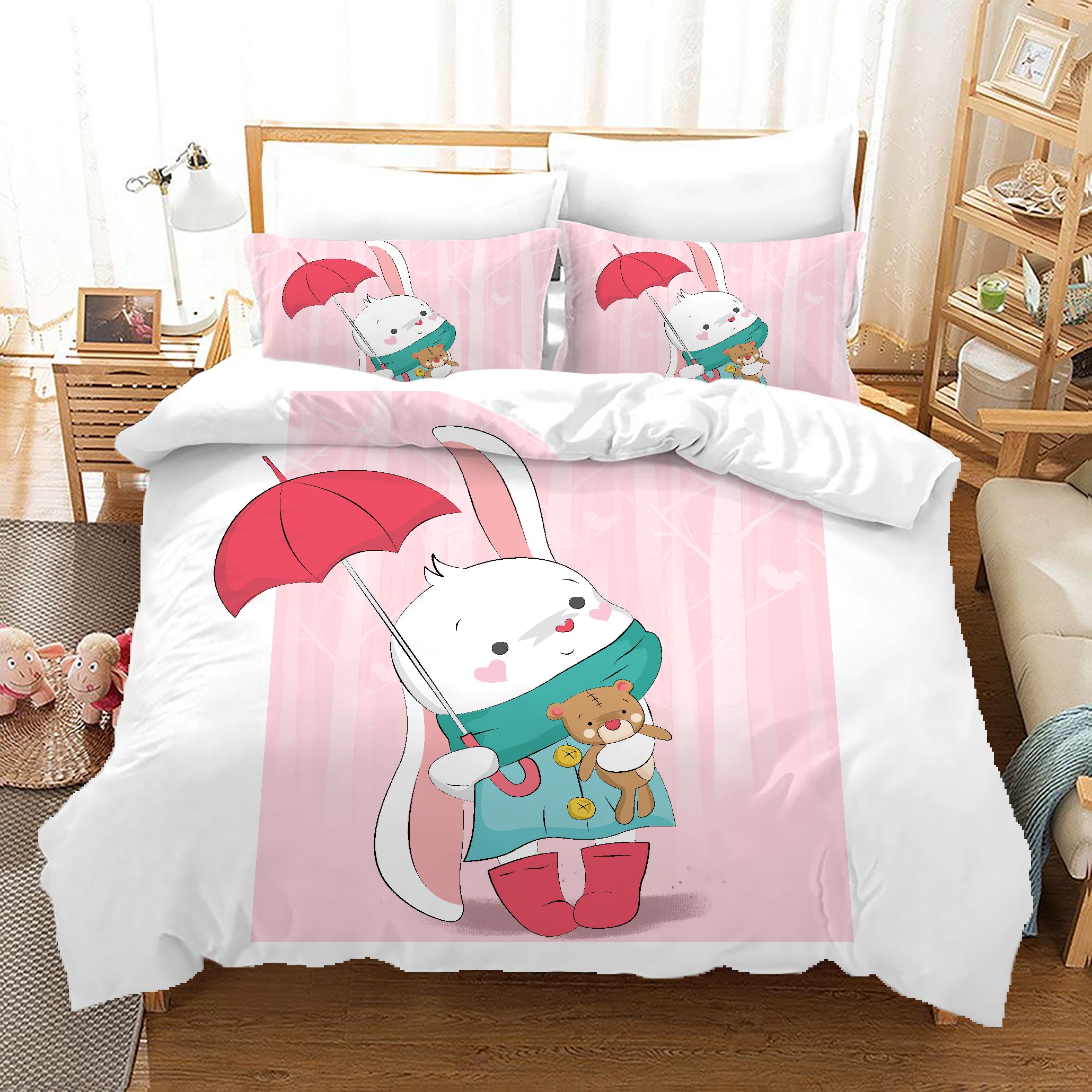 3D Cartoon Rabbit Umbrella Pink Quilt Cover Set Bedding Set Duvet Cover Pillowcases A647 Lqh