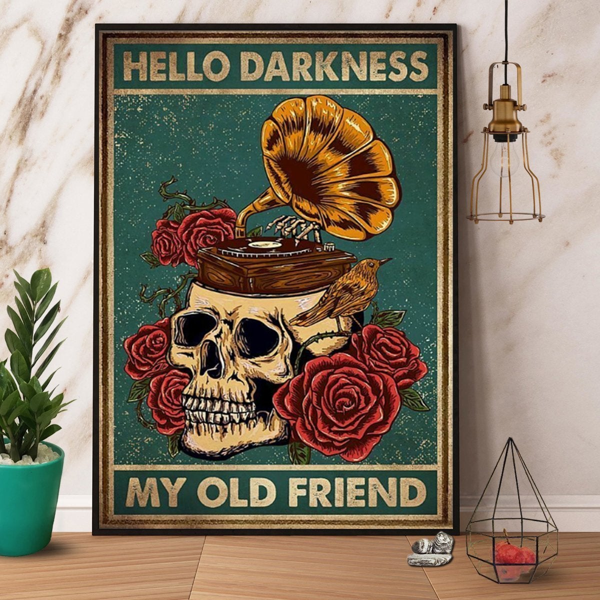 Halloween Skull Phonograph Hello Darkness My Old Friend Poster No Frame Matte Canvas, Wall Decor Visual Art