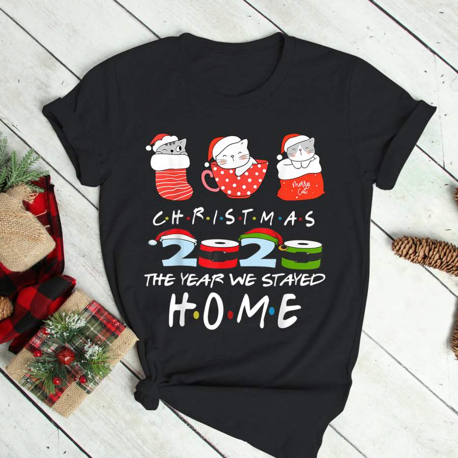 Christmas Quarantine The Year We Stayed Home Pajama Cat Xmas T-Shirt