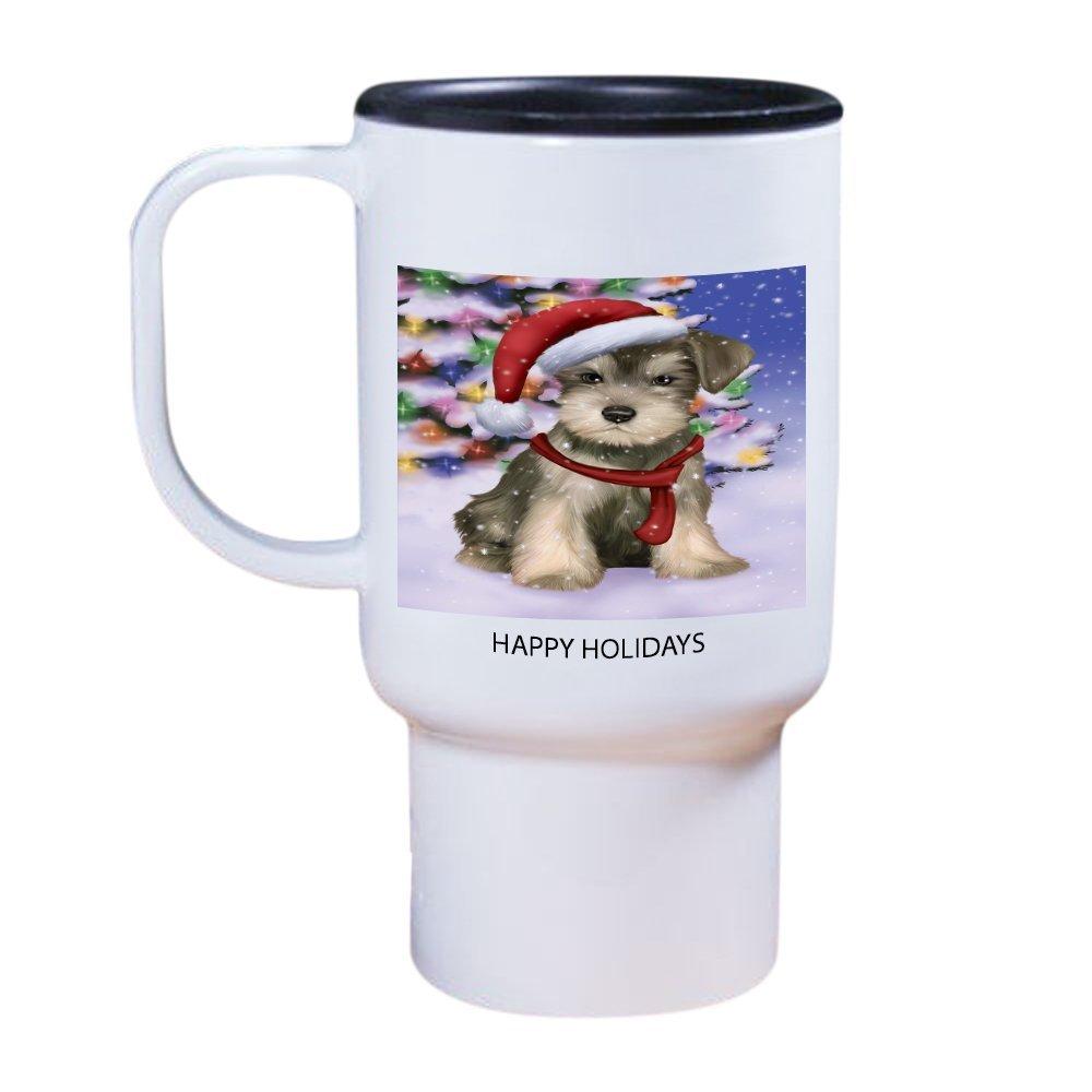 Winterland Wonderland Schnauzers Puppy Dog In Christmas Holiday Scenic Background Travel Mug