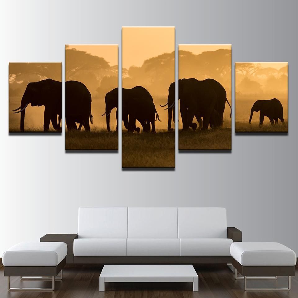 Unset Steppe Elephant Animal 5 Panel Canvas Art Wall Decor