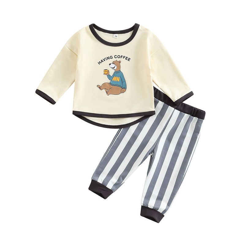 Toddler Baby Boy 2Pcs Outfits Cute Bear Printed Long Sleeve Sweatshirt Striped Jooger Pants Fall Clothes alx