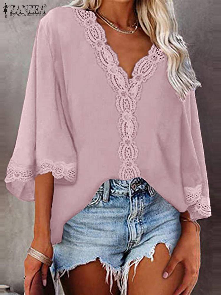 ZANZEA 2022 Women Lace Patchwork Blouses Stylish Summer Tops Flare Sleeve Shirts Female Casual V Neck Blusas Oversized Chemise alx