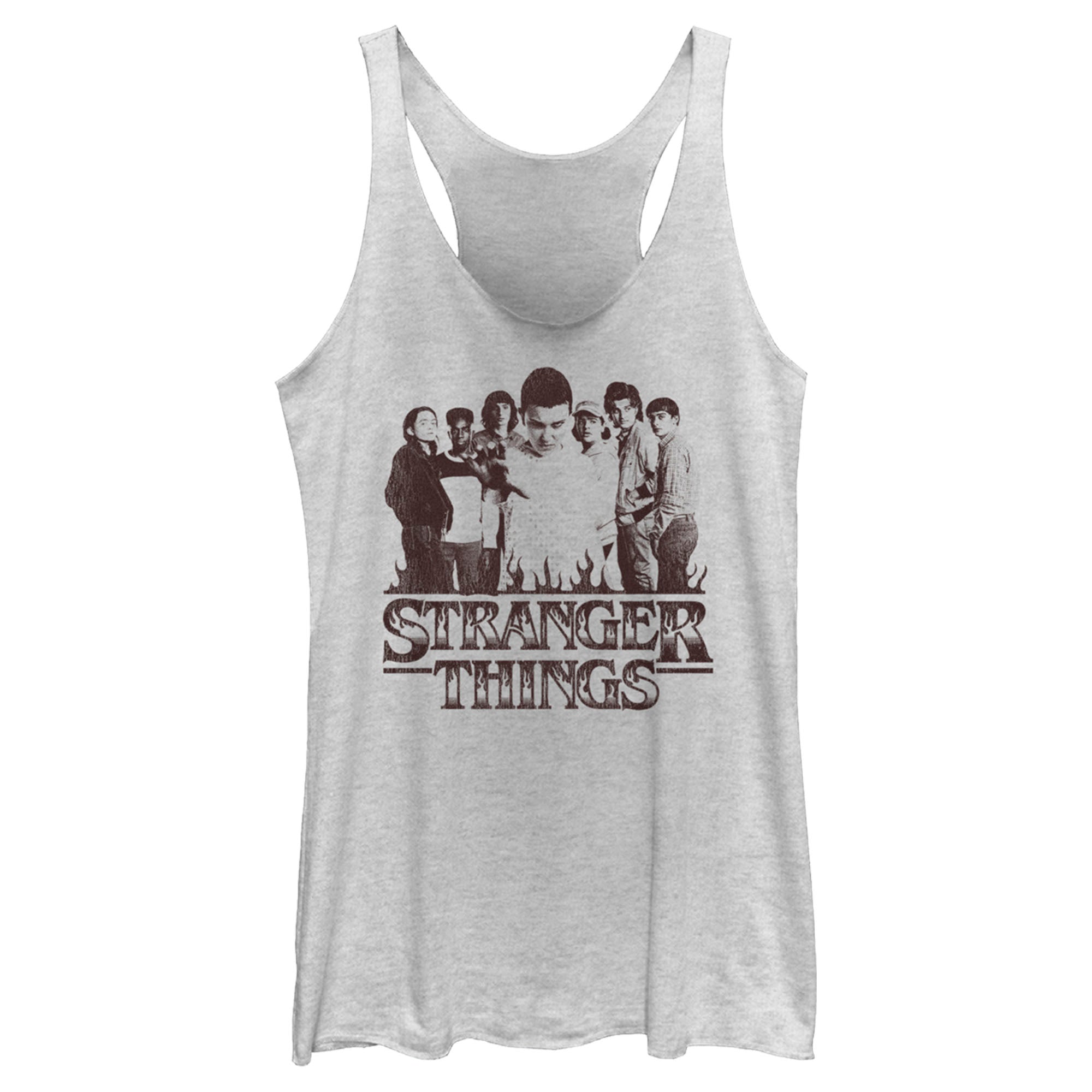 Women’S Stranger Things Group Shot And Flaming Logo Racerback Tank Top