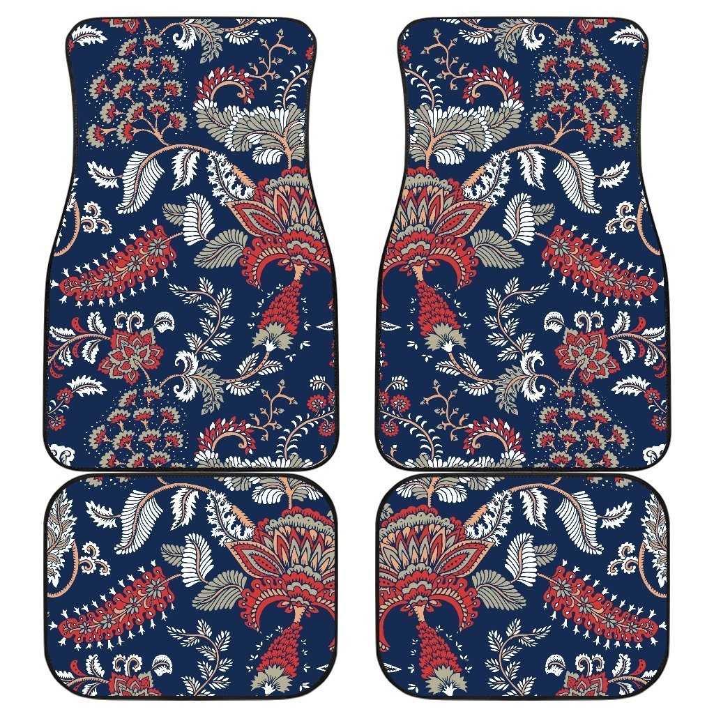 Blue Vintage Bohemian Floral Print Front And Back Car Floor Mats, Front Car Mat