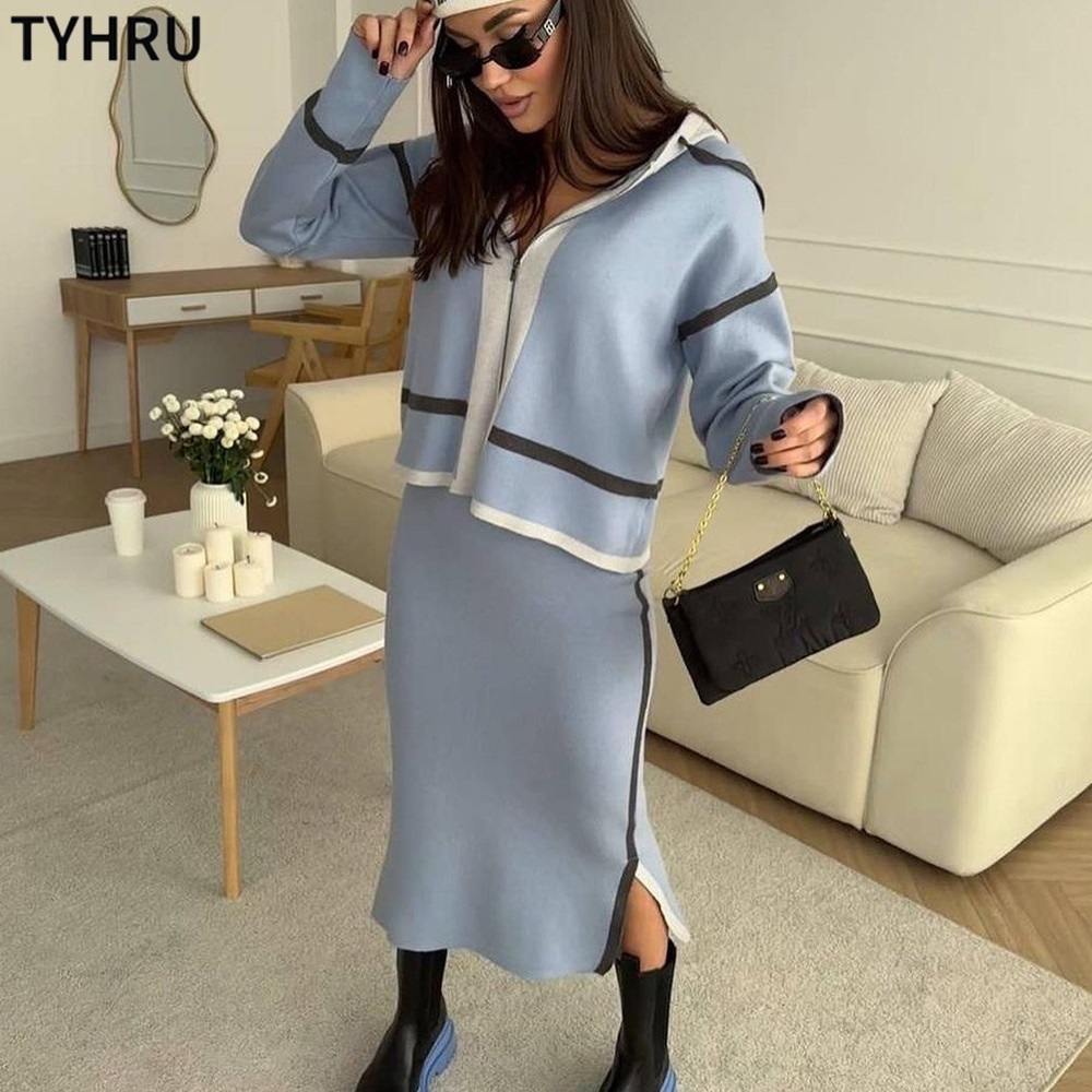 TYHRU Women’s Casual Knit Skirt 2-Piece Sets Hooded Zipper Cardigan Sweater Coat Color Matching Knitted Open fork Skirts Suits alx