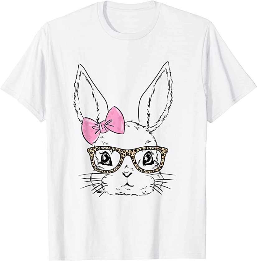 Easter Bunny Leopard Glasses Bow Tie Easter Day Women Girls T-Shirt