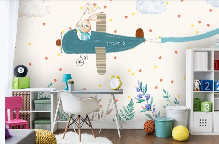 3D Cartoon Animal Airplane Rabbit Wall Mural Wallpaper Lqh 236