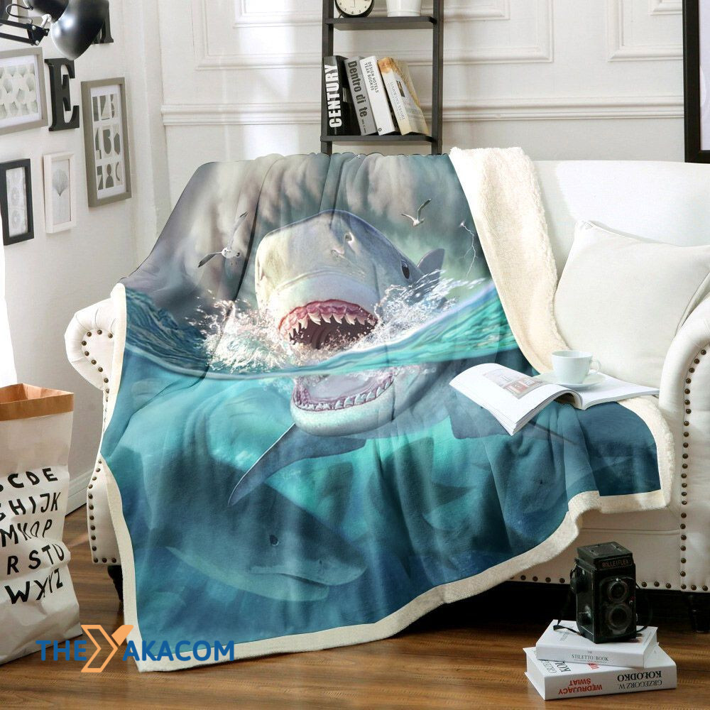 3D Tiger Shark Under Blue Sea Fleece Sherpa Throw Blanket