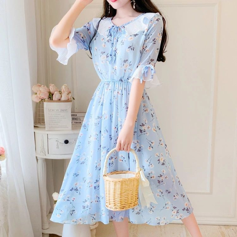 2022 Ruffled Peter Pan Collar Pink Floral Chiffon Dress Spring Summer Sweet Style Dress Korean Style Prairie Chic Casual Dress alx