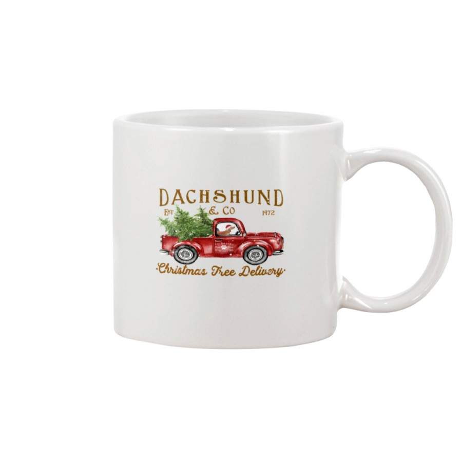 Wiener Puppy Drives Red Christmas Red Truck White Mug