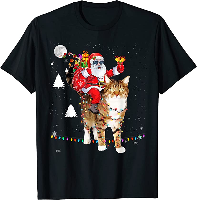 Christmas Santa Claus Riding Tiger Cat Lights Xmas Holiday T-Shirt