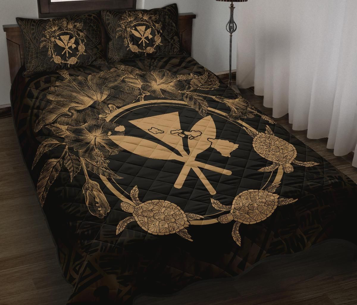 Alohawaii Home Set – Quilt Bed Set Hawaii Kanaka Turtle Hibiscus Polynesian Anthea Style Gold J4