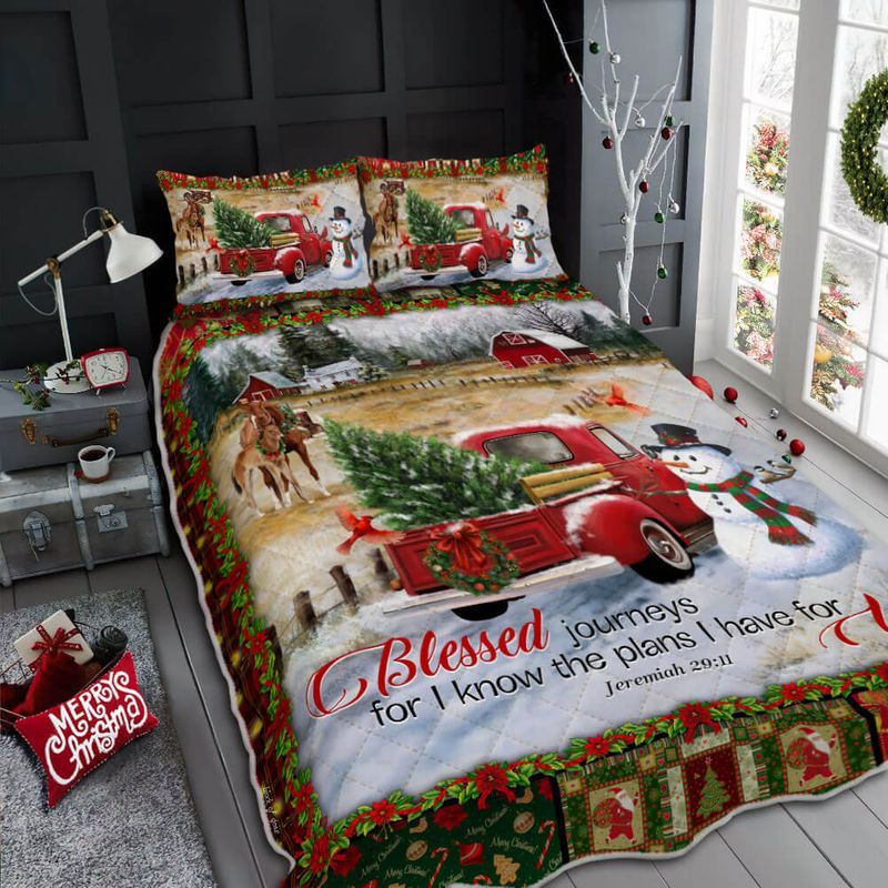 Red Truck Snowman Christmas Blessed Journeys For I Know The Plans I Have For You Quilt Bedding 