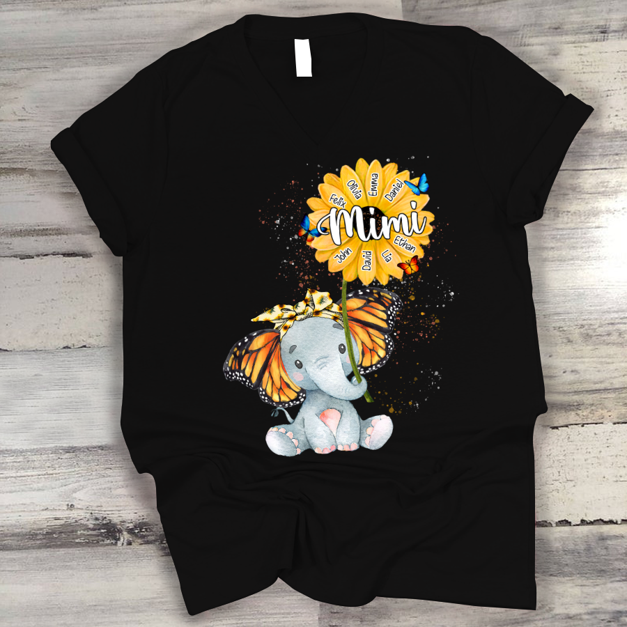 Personalized Grandma Elephant Butterfly Cute With Grandkids V-Neck