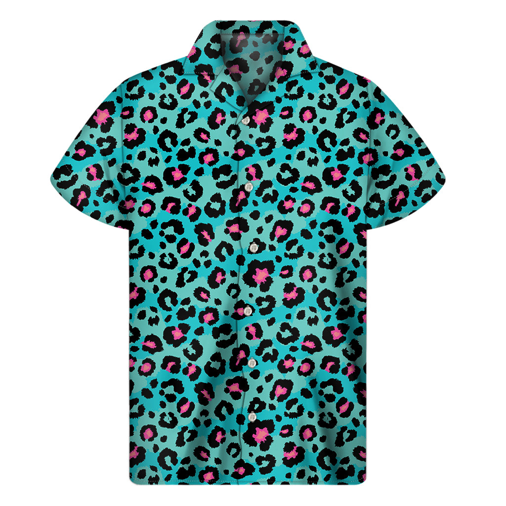 Turquoise And Pink Leopard Print Men’S Short Sleeve Shirt