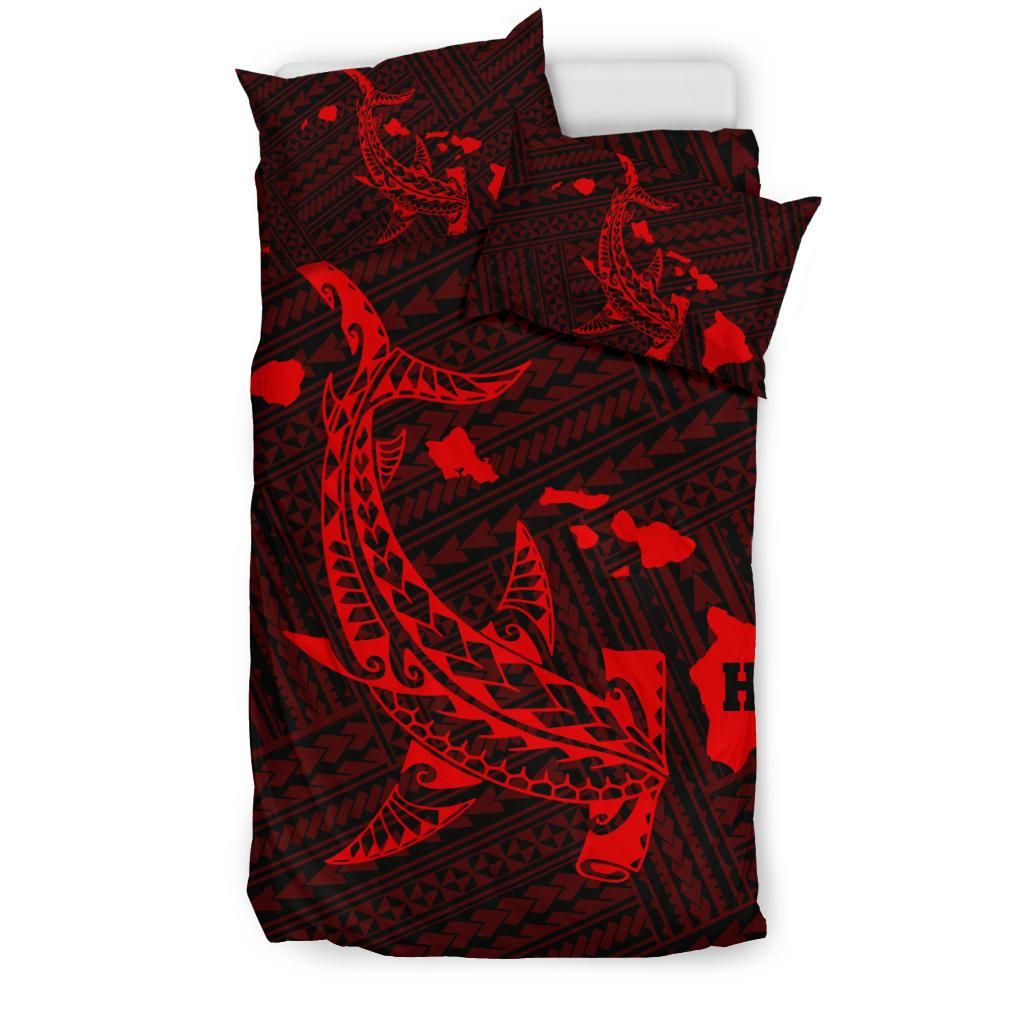 Alohawaii Bedding Set – Cover And Pillow Cases Hawaiian Map Hamerhead Shark Polynesian Red – Ah J4