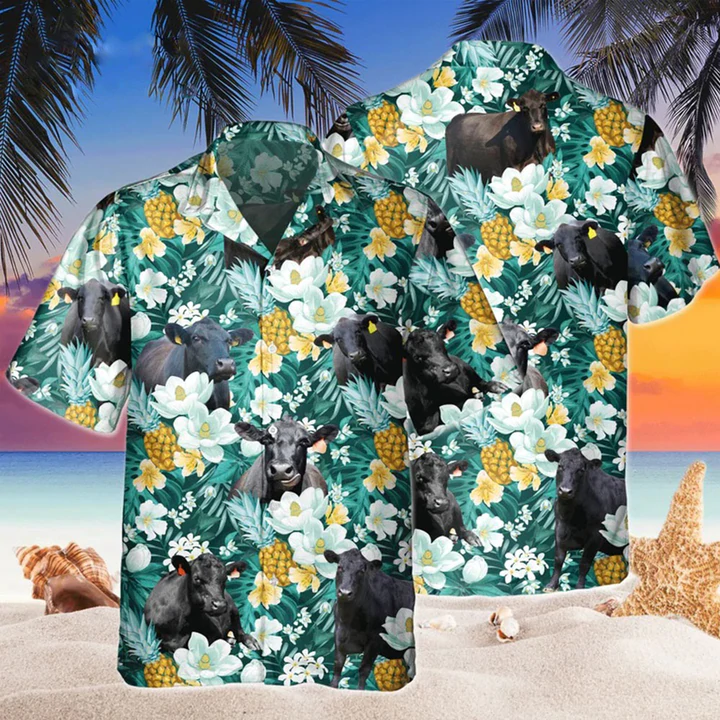 Black Angus Tropical Pineapple Fruit Hawaii Flowers Aloha Shirt For Cow Lovers Ha59902