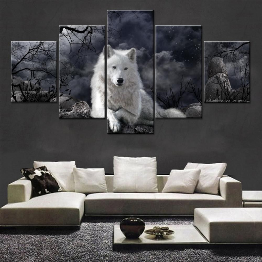 White Wolf Animal 5 Panel Canvas Art Wall Decor