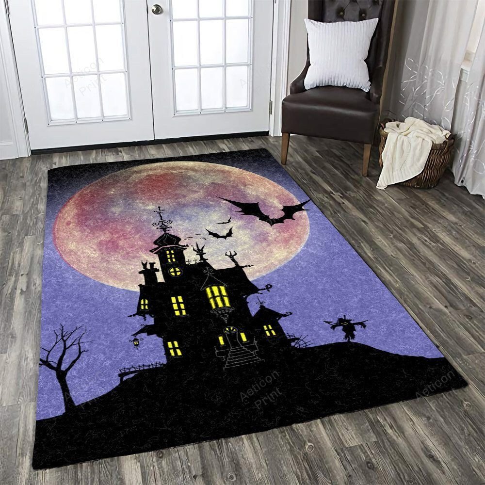 Halloween Witch House Scary Bat And Blood Moon Area Rug Carpet Vintage Home Decor Gift Idea Carpet