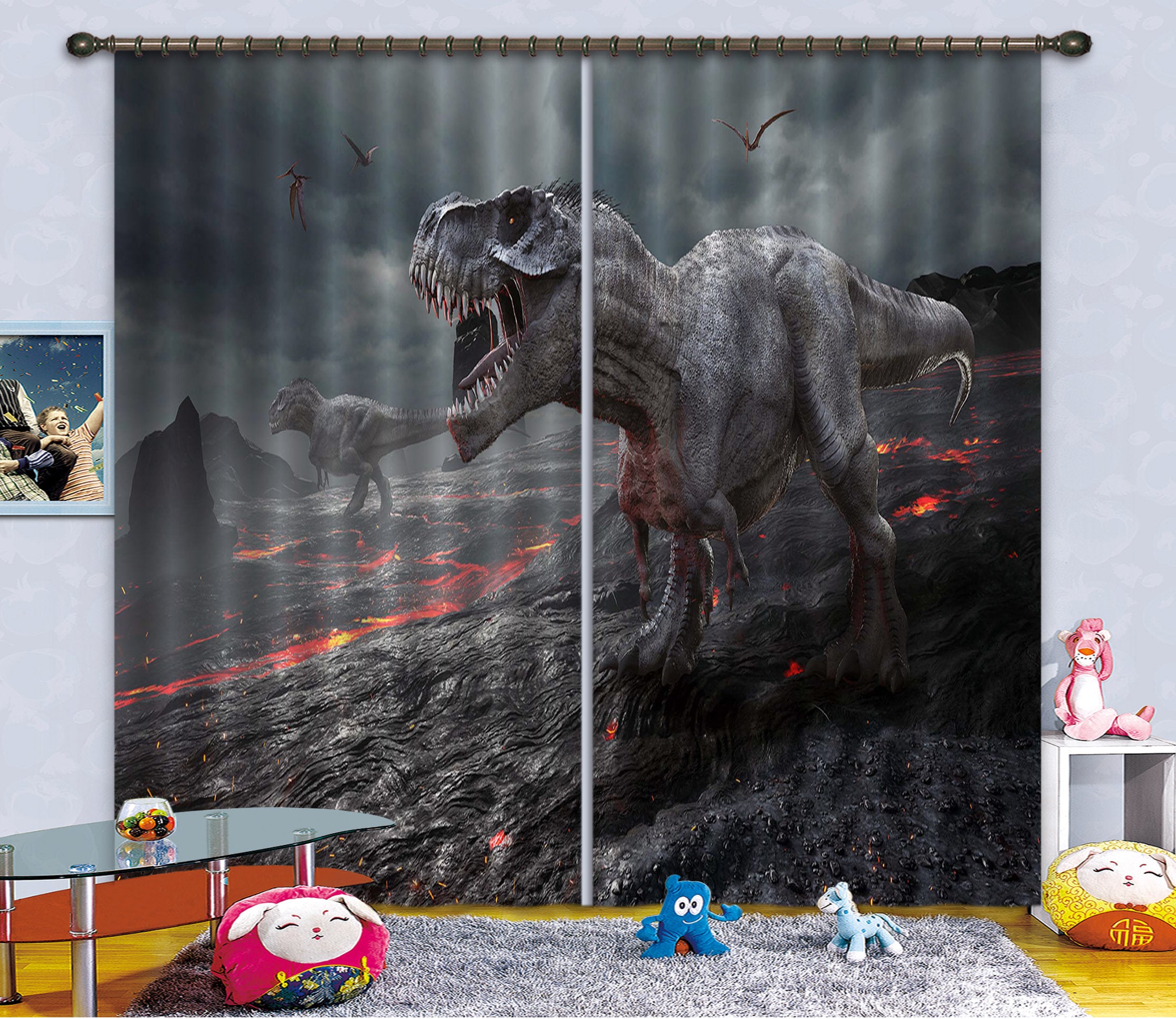 3D Dinosaur With Volcano C002 Blockout Photo Curtain Print Curtains Drapes Fabric Window | 3D Large Photo Curtain, Jess Art Decoration Wallpaper