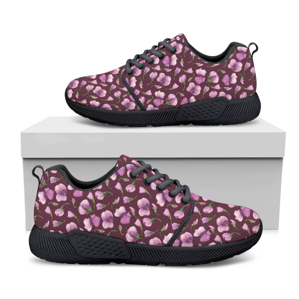 Watercolor Sweet Pea Pattern Print Black Athletic Shoes