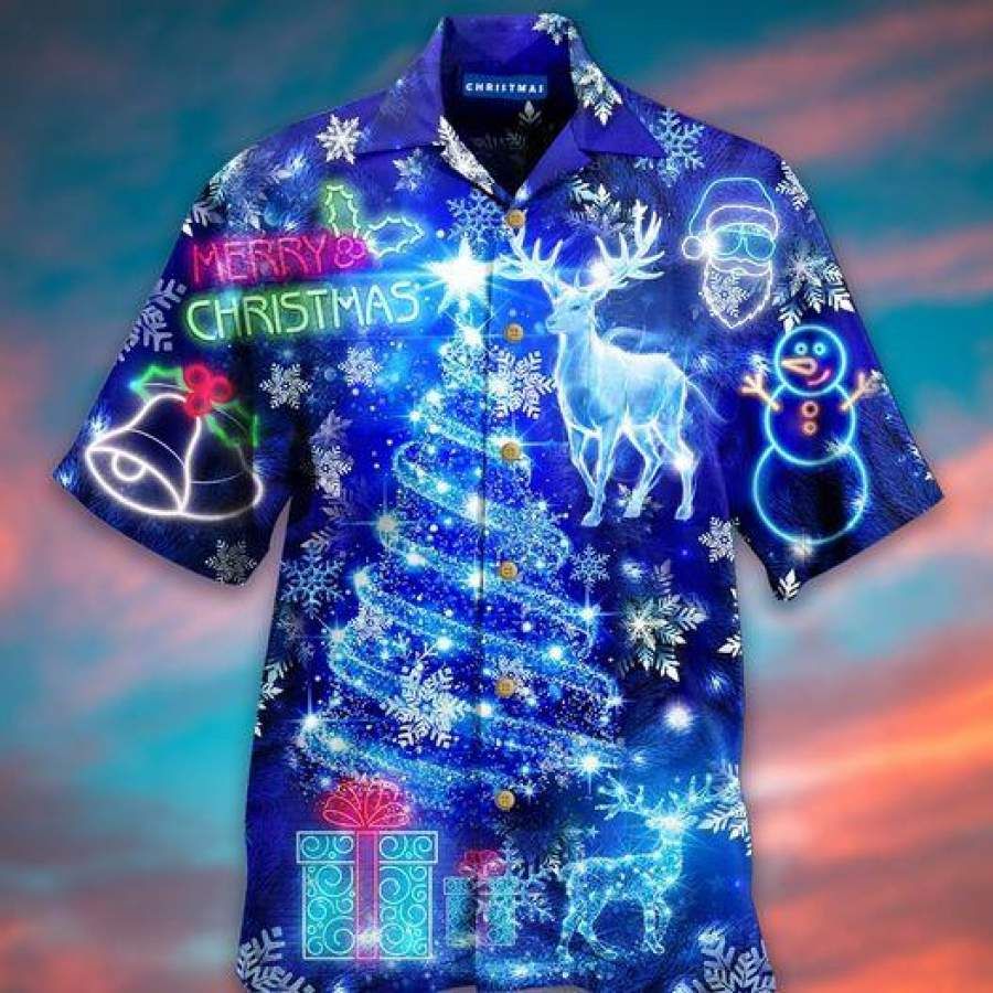 Blue Merry Christmas Light Deer And Tree Hawaii Aloha Shirts Ha98370