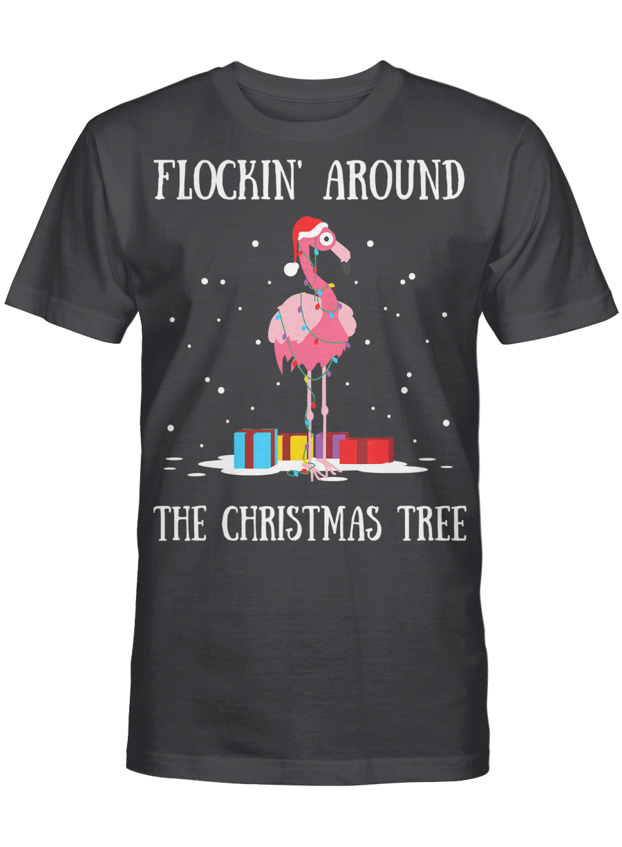 AmazeStyleZ Santa’s Reindeer, Ugly Christmas Sweater, Christmas Gift Ideas, Flockin’ Around The Christmas Tree Lights Flamingo T-Shirt T-Shirt