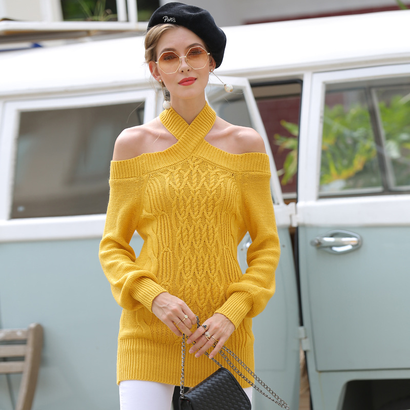 Women’s Sexy Slash Neck Sweater Autumn Winter Female’s Long Sleeve Round Collar Casual Slim Cross Knitted Shirts alx